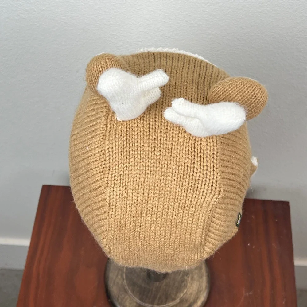LL Bean Reindeer Critter Beanie Kids 12-24M Brown Knit Fleece Lined Trapper Hat